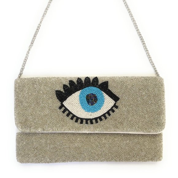 Silver Glass Beaded Evil Eye Symbol Crossbody Chain Clutch Handbag Bag NEW - Picture 4 of 7